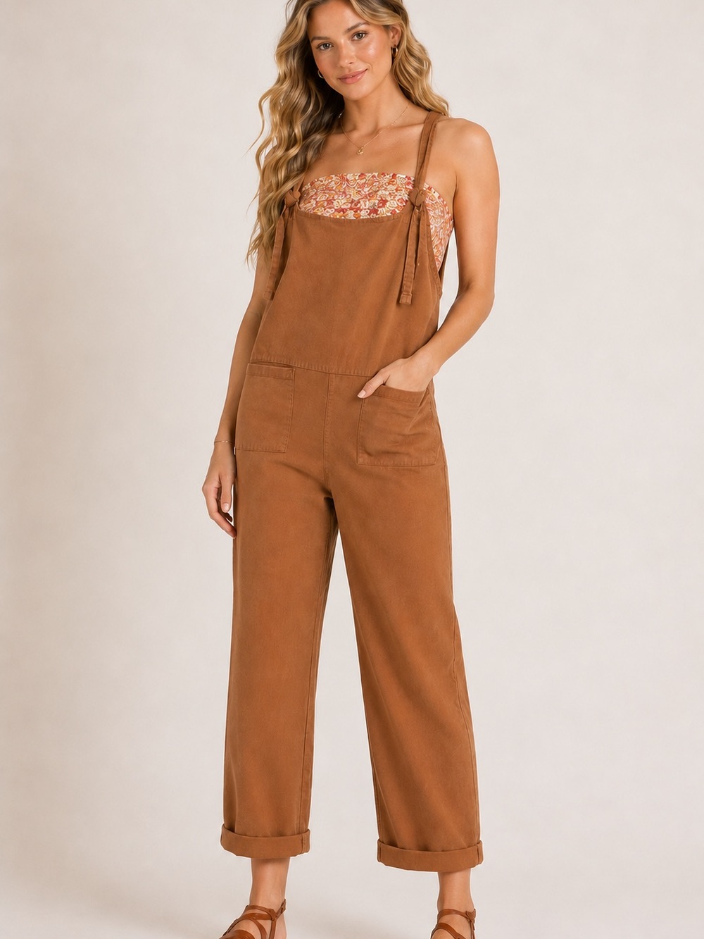 Brown Cotton Overalls Jumpsuit Small | Adjustable Tie Straps Pocket Romper Boho - Picture 1 of 8